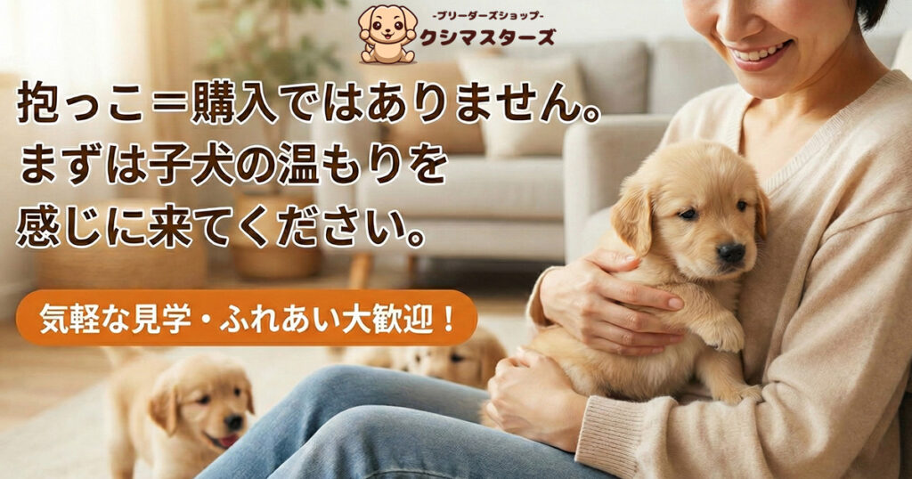 女性がゴールデンレトリバーの子犬を抱っこしている